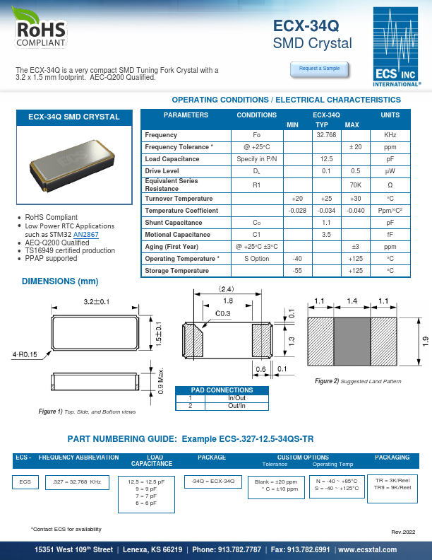 ECX-34Q SMD CRYSTAL by ECS - Datasheet Preview
