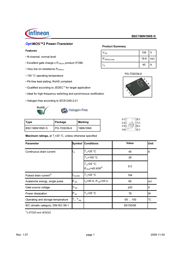 BSC196N10NSG Datasheet Preview