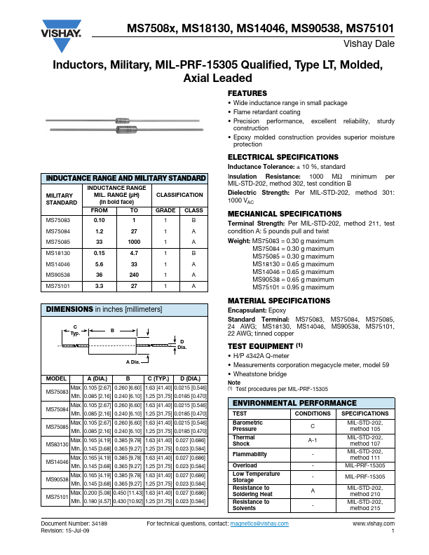 MS75084 Inductors by Vishay - Datasheet Preview