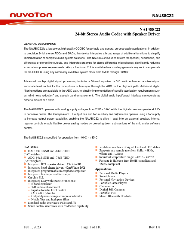 NAU88C22 24-bit Stereo Audio Codec by nuvoton - Datasheet Preview