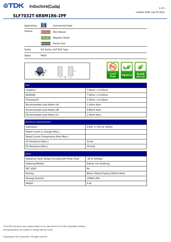 SLF7032T-6R8M1R6-2PF