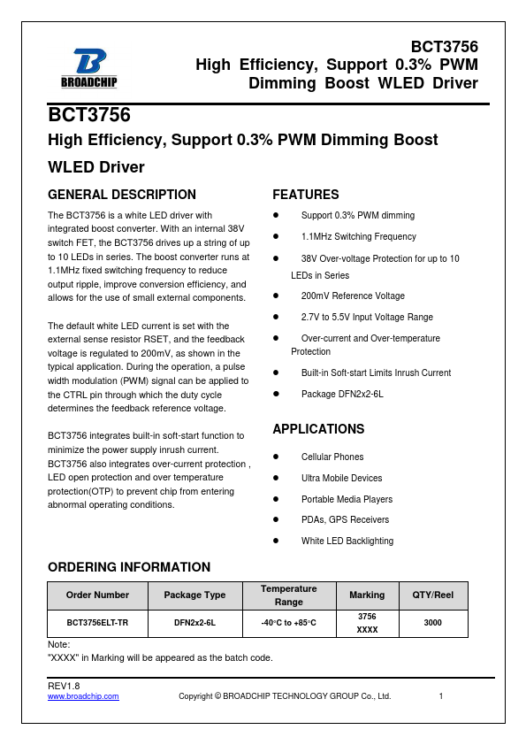 BCT3756 Dimming Boost WLED Driver by BROADCHIP - Datasheet Preview