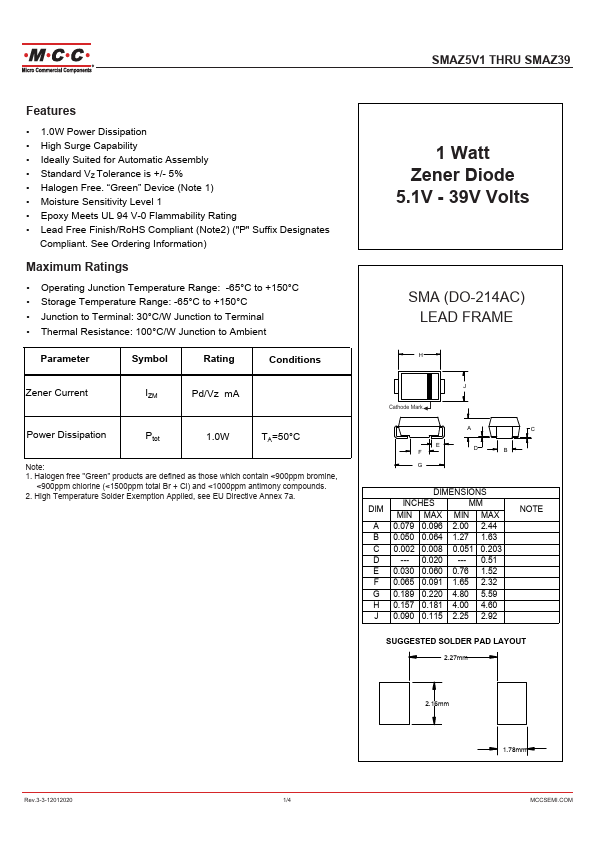 SMAZ10 1 Watt Zener Diode by MCC - Datasheet Preview