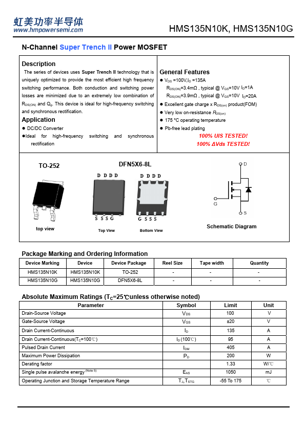 HMS135N10K Datasheet Preview