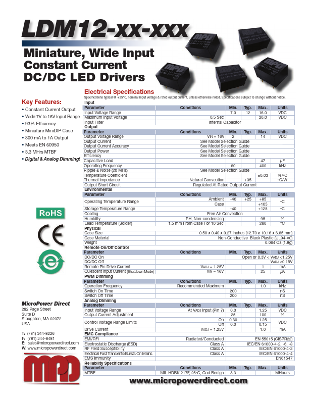 LDM12-05-350 DC/DC LED Drivers by MicroPower Direct - Datasheet Preview