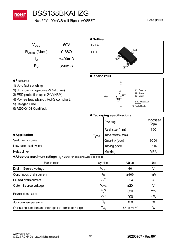 BSS138BKAHZG Nch 60V 400mA Small Signal MOSFET by ROHM - Datasheet Preview