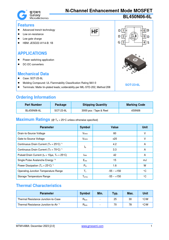 BL450N06-6L N-Channel Enhancement Mode MOSFET by GME - Datasheet Preview