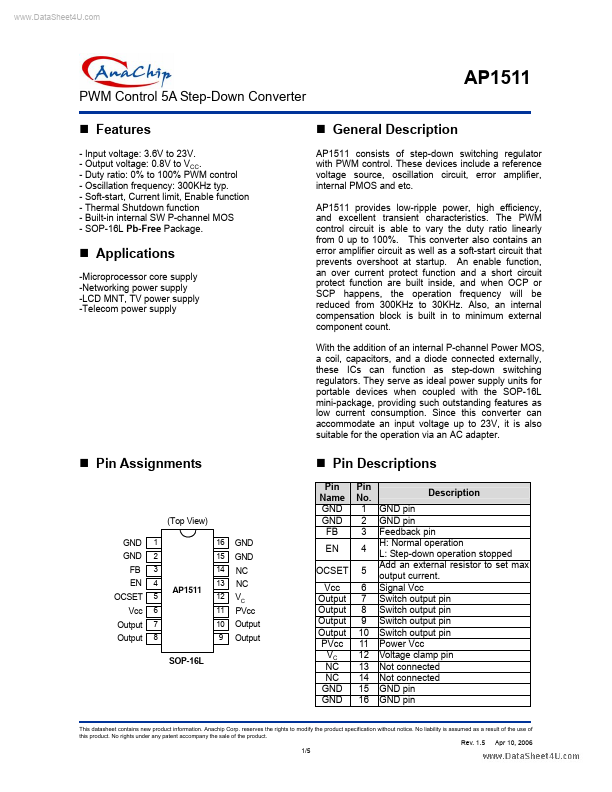 AP1511 datasheet page 1 preview