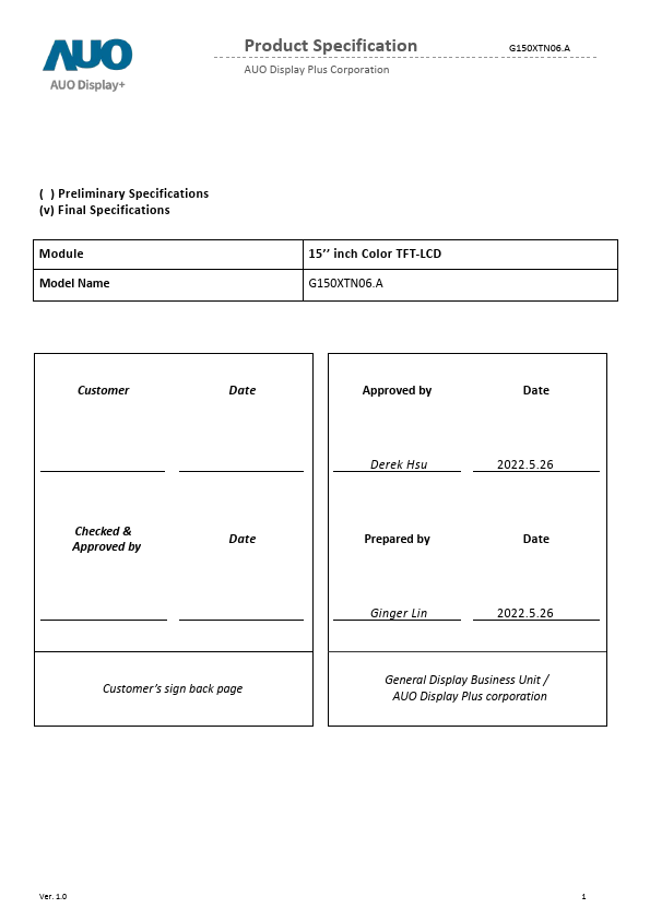 G150XTN06.A Datasheet Preview