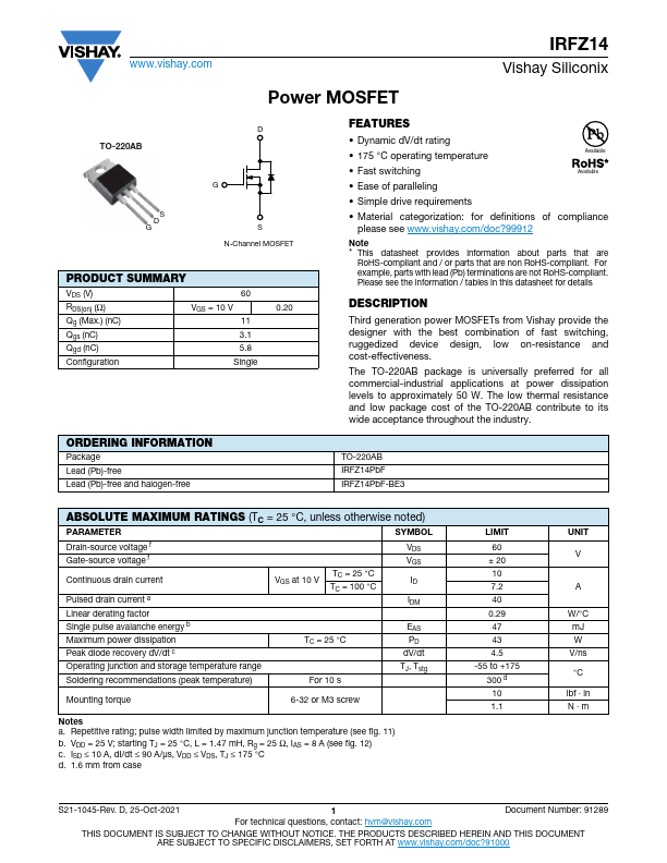 IRFZ14 Datasheet Preview