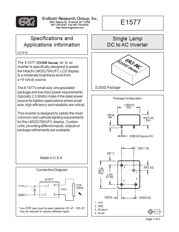 E1577 Single Lamp DC to AC Inverter by ERG - Datasheet Preview