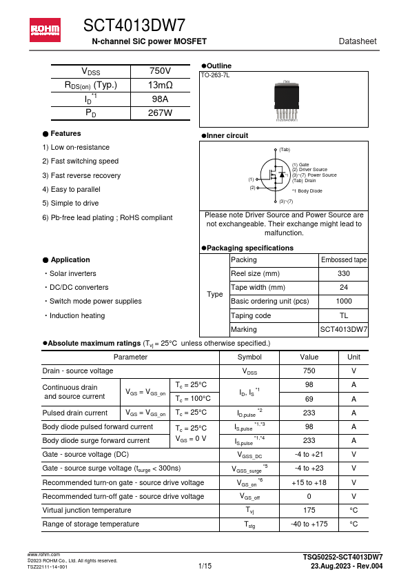 SCT4013DW7 N-channel SiC power MOSFET by ROHM - Datasheet Preview