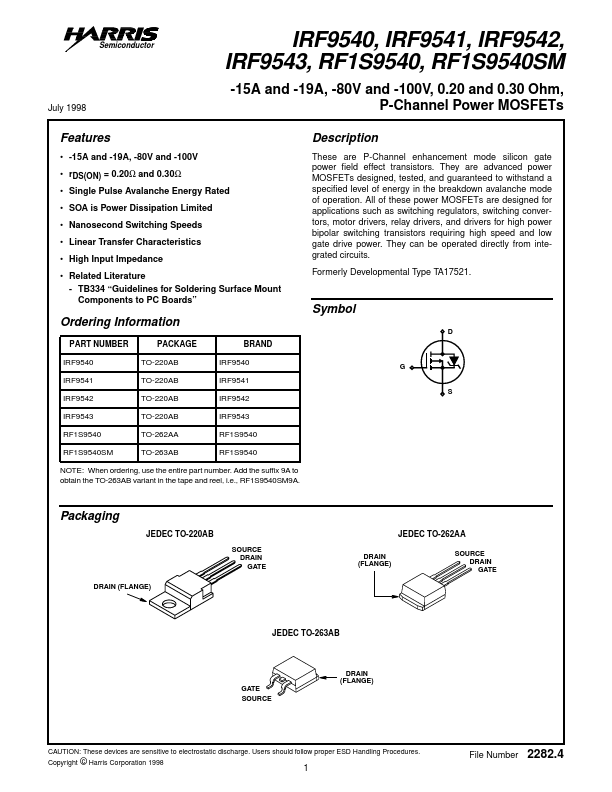 IRF9543 P-Channel Power MOSFET by Harris - Datasheet Preview