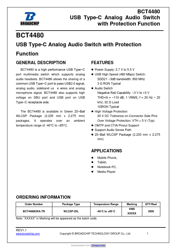 BCT4480 USB Type-C Analog Audio Switch by BROADCHIP - Datasheet Preview