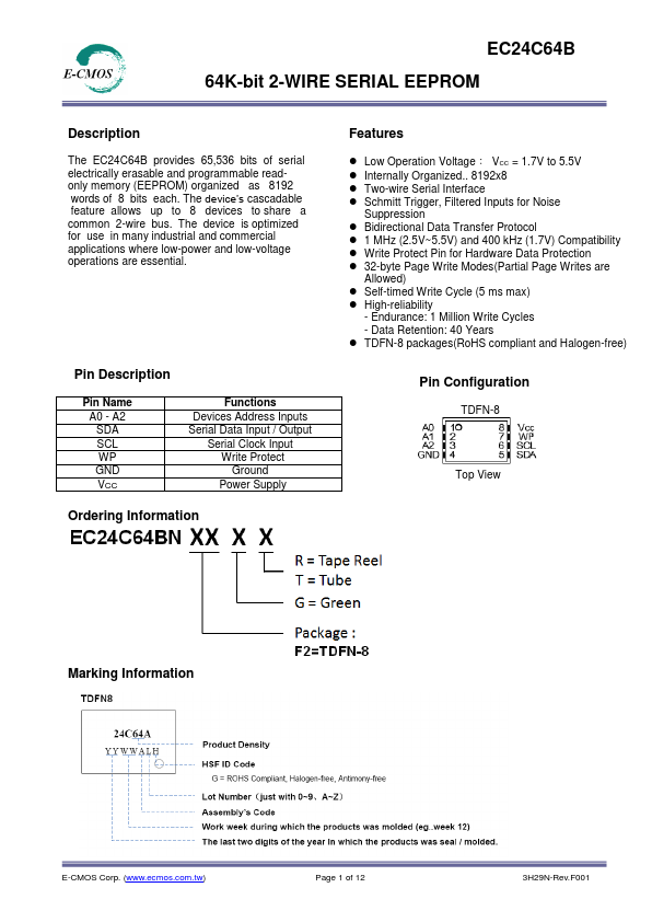 EC24C64B 64K-bit 2-WIRE SERIAL EEPROM by E-CMOS - Datasheet Preview