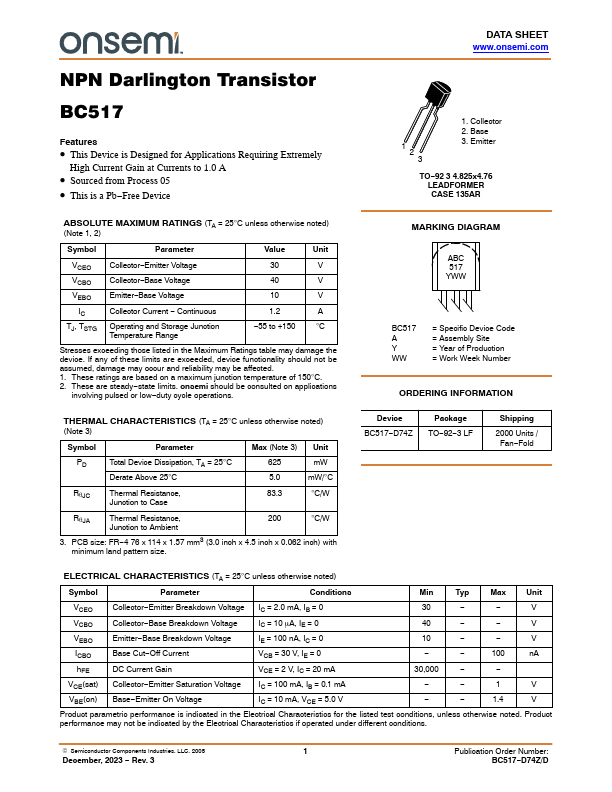 BC517 NPN Darlington Transistor by ON Semiconductor - Datasheet Preview
