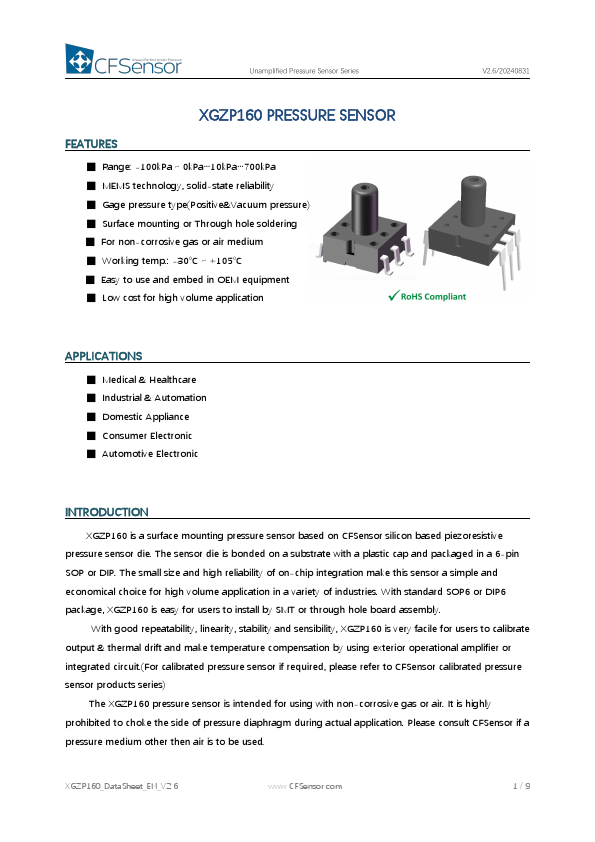 XGZP160 Unamplified Pressure Sensor by CFSensor - Datasheet Preview