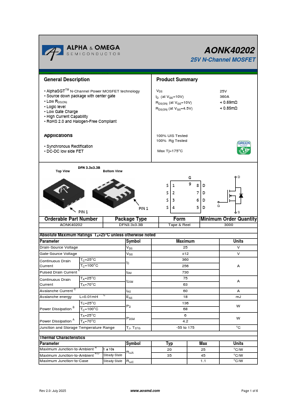 AONK40202 25V N-Channel MOSFET by Alpha & Omega Semiconductors - Datasheet Preview