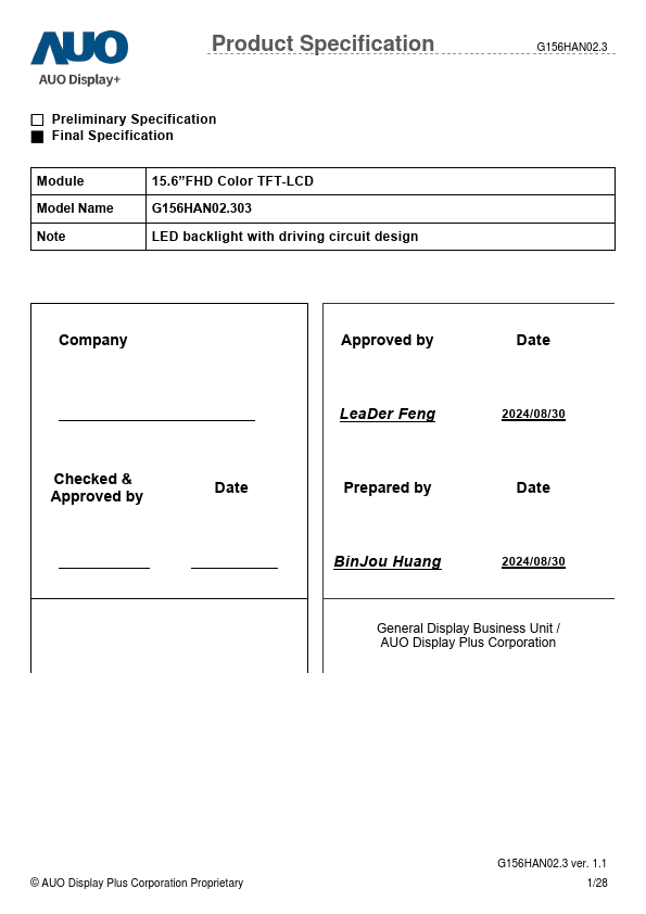 G156HAN02.303 Datasheet Preview