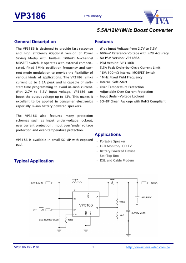 VP3186 5.5A/12V/1MHz Boost Converter by Viva Electronics - Datasheet Preview