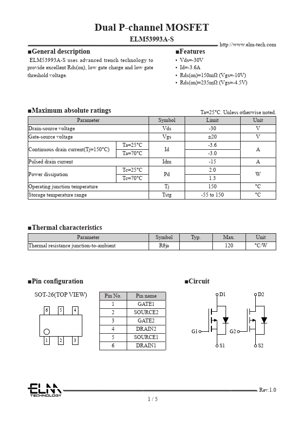 ELM53993A-S Dual P-channel MOSFET by ELM - Datasheet Preview