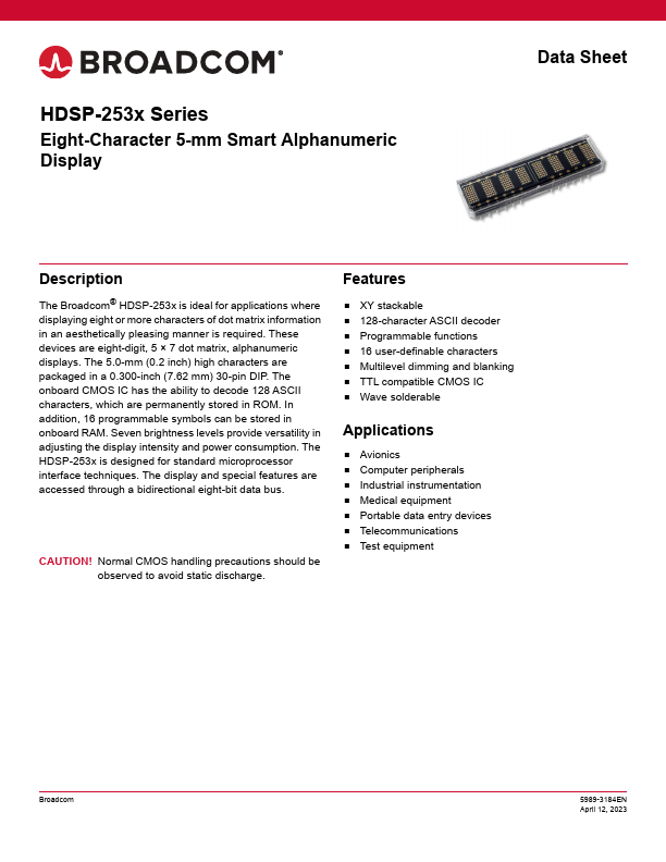 HDSP-2531 Yellow Eight-Character 5-mm Smart Alphanumeric Display by Broadcom - Datasheet Preview