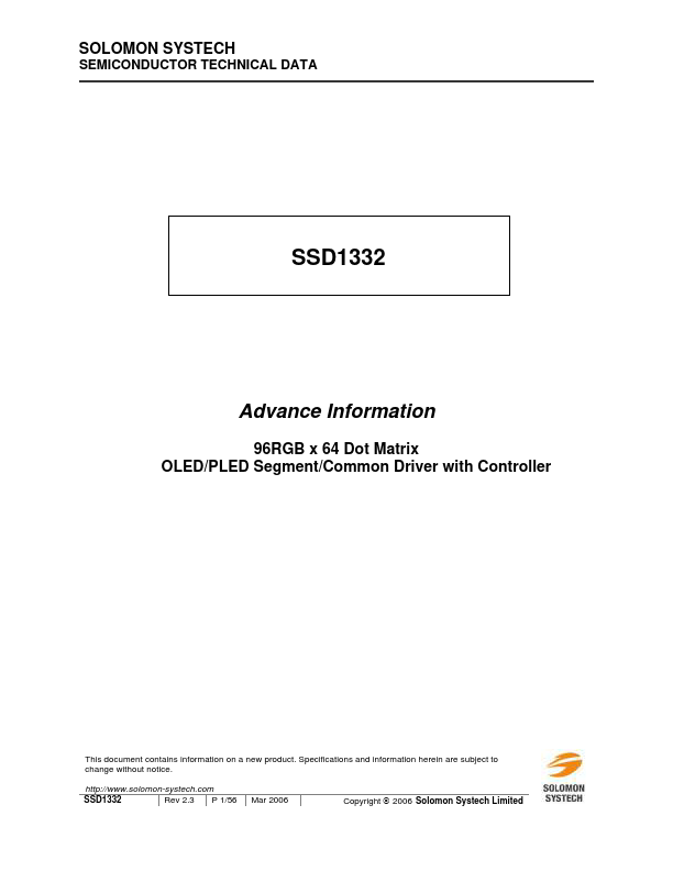 SSD1332 Datasheet Preview