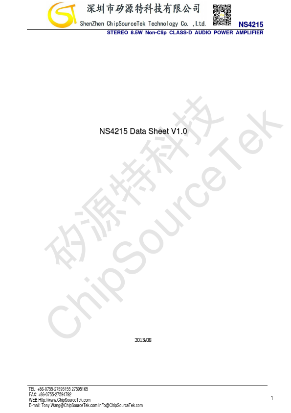 NS4215 STEREO 8.5W Non-Clip CLASS-D AUDIO POWER AMPLIFIER by ChipSourceTek - Datasheet Preview
