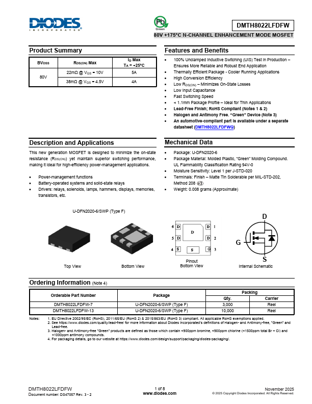 DMTH8022LFDFW 80V N-CHANNEL ENHANCEMENT MODE MOSFET by DIODES - Datasheet Preview