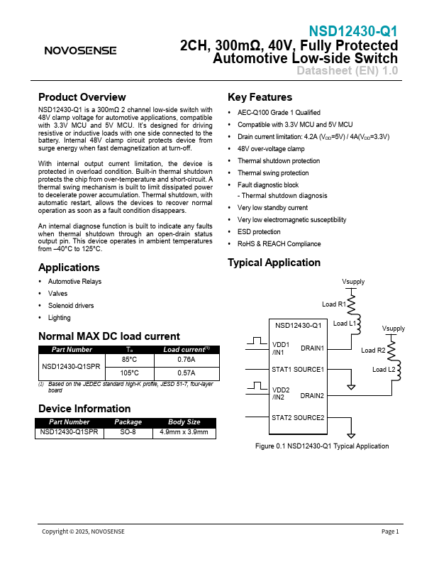 NSD12430-Q1 2CH 40V Fully Protected Automotive Low-side Switch by NOVOSENSE - Datasheet Preview