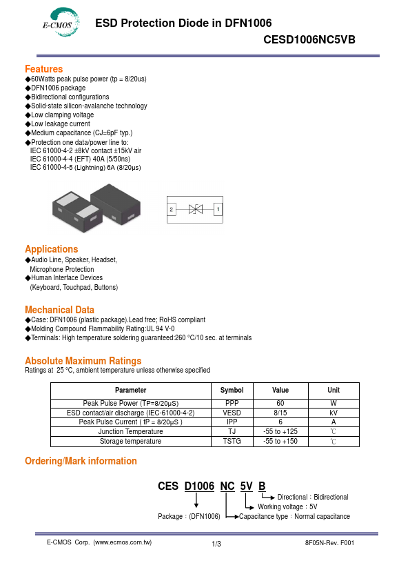 CESD1006NC5VB ESD Protection Diode by E-CMOS - Datasheet Preview