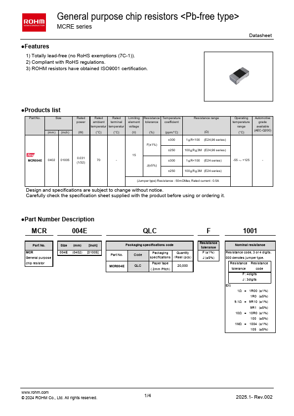 MCR004E General purpose chip resistors by ROHM - Datasheet Preview