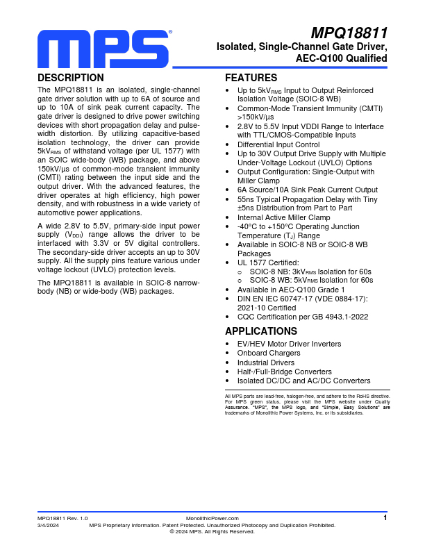 MPQ18811 Single-Channel Gate Driver by MPS - Datasheet Preview