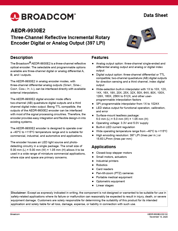 AEDR-9930E2 Three-Channel Reflective Incremental Rotary Encoder by Broadcom - Datasheet Preview