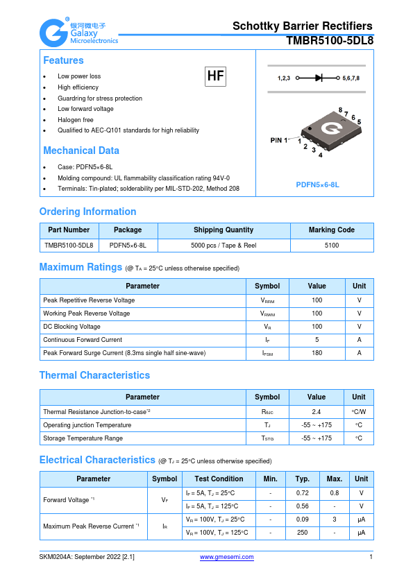 TMBR5100-5DL8 Schottky Barrier Rectifiers by GME - Datasheet Preview