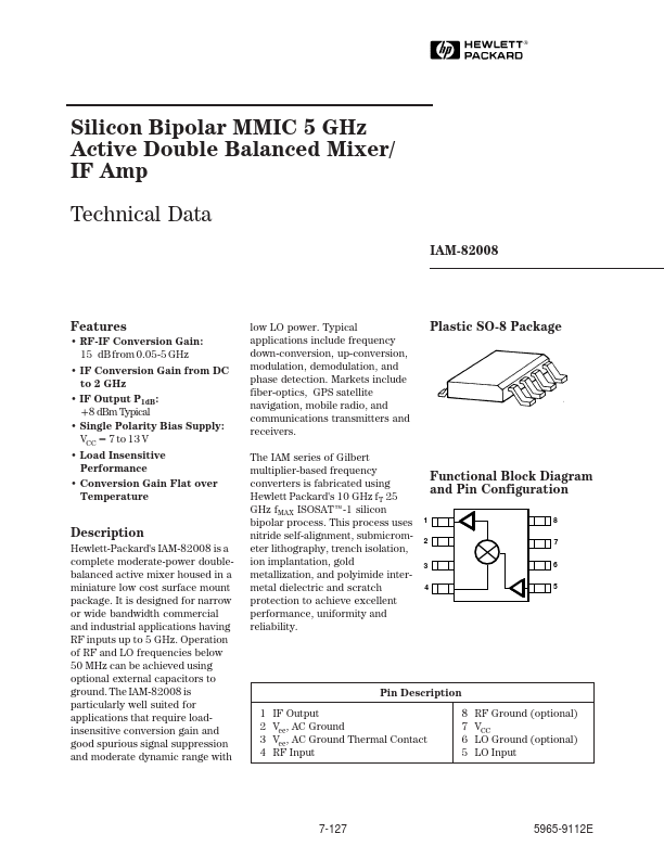IAM-82008 Active Double Balanced Mixer/IF Amp by HP - Datasheet Preview