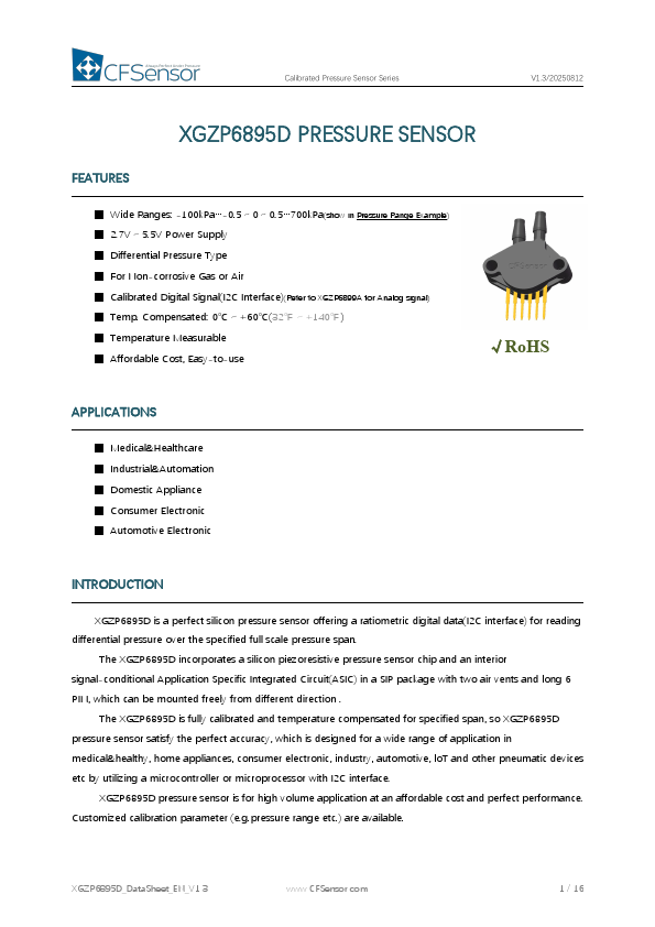 XGZP6895D Calibrated Pressure Sensor by CFSensor - Datasheet Preview