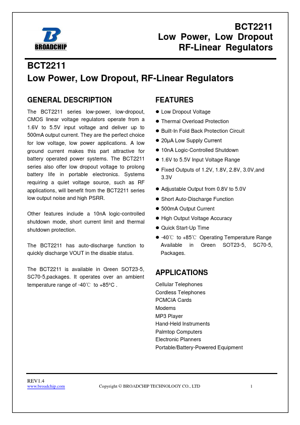 BCT2211 Low Power RF-Linear Regulators by BROADCHIP - Datasheet Preview