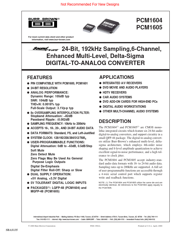 PCM1605 24-Bit 6-Channel DIGITAL-TO-ANALOG CONVERTER by Burr-Brown - Datasheet Preview