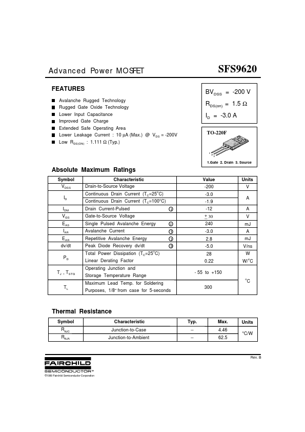 SFS9620 Datasheet Fairchild Semiconductor Advanced Power MOSFET SFS9620 Datasheet Fairchild Semiconductor Advanced Power MOSFET