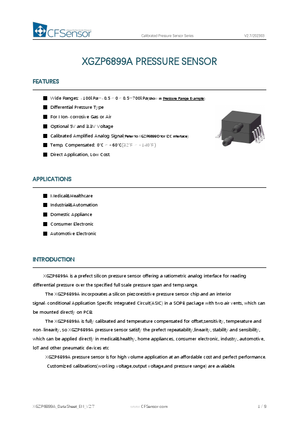 XGZP6899A Calibrated Pressure Sensor by CFSensor - Datasheet Preview