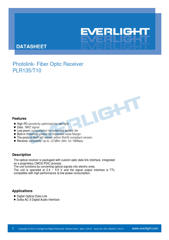 PLR135-T10 Photolink- Fiber Optic Receiver by EverLight - Datasheet Preview