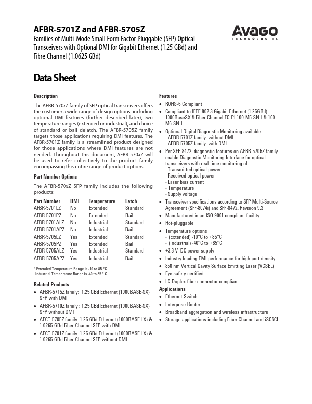 AFBR-5705APZ Families of Multi-Mode Small Form Factor Pluggable Optical Transceivers by AVAGO - Datasheet Preview
