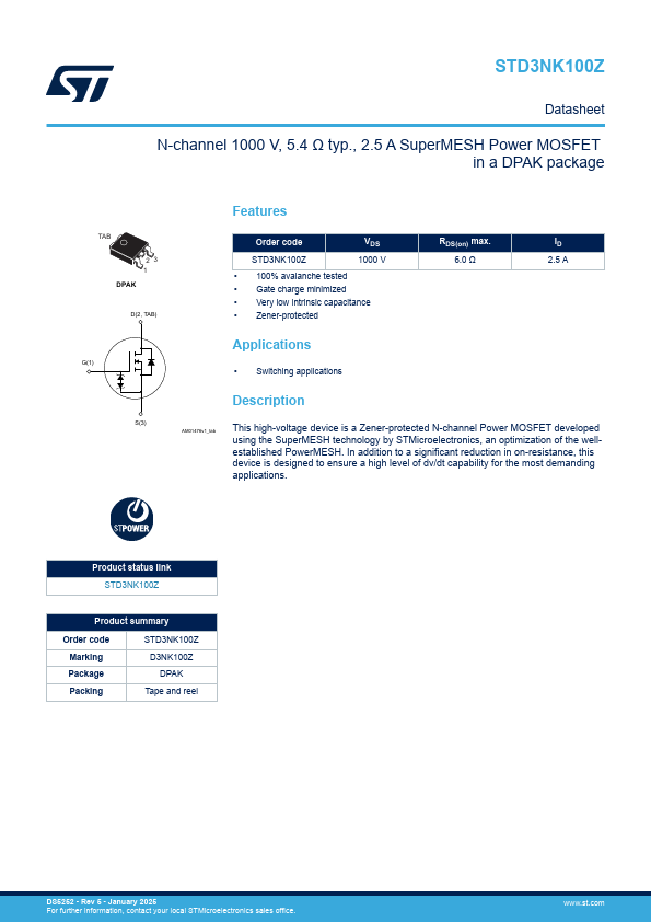 STD3NK100Z Datasheet Preview