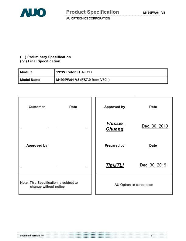 M190PW01-V8 Datasheet Preview