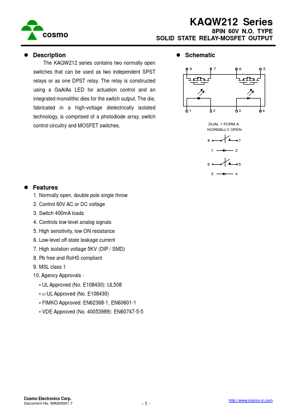KAQW212 SOLID STATE RELAY by Cosmo - Datasheet Preview