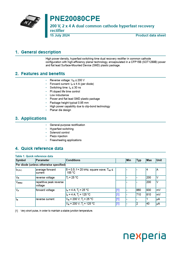 PNE20080CPE 200V dual common cathode hyperfast recovery rectifier by nexperia - Datasheet Preview