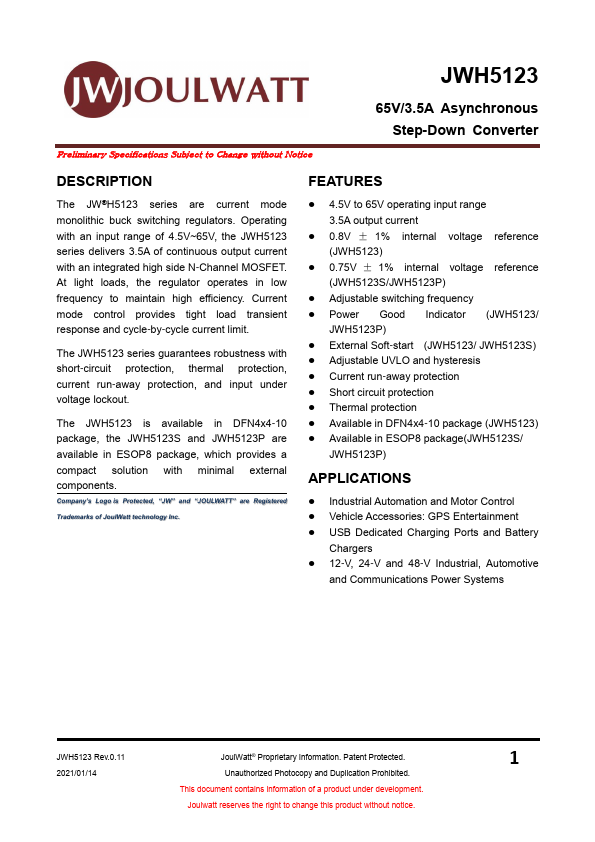 JWH5123 65V/3.5A Asynchronous Step-Down Converter by JoulWatt - Datasheet Preview