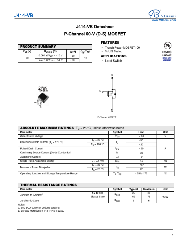 J414 P-Channel 60V MOSFET by VBsemi - Datasheet Preview