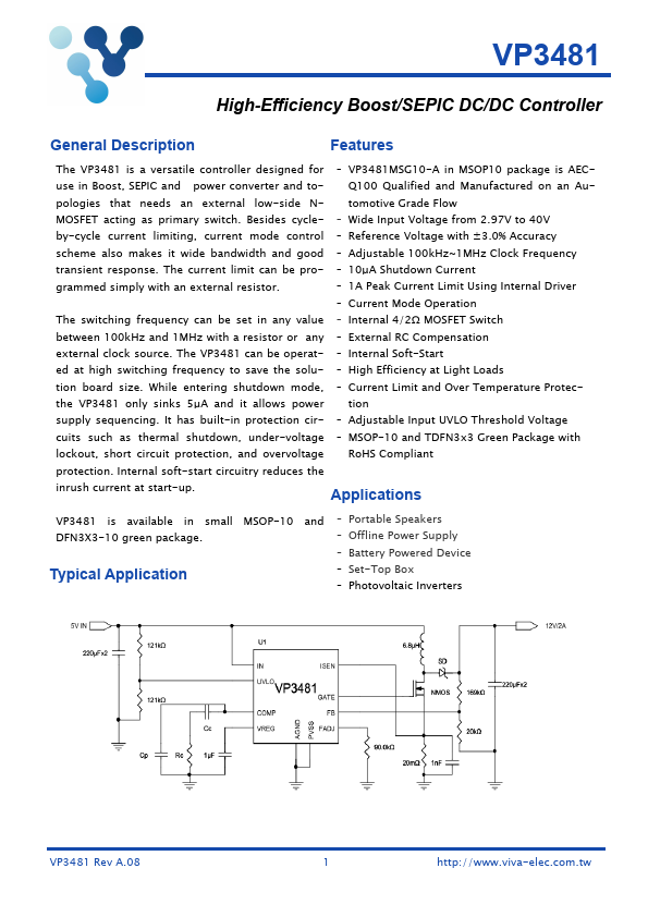 VP3481 High-Efficiency Boost/SEPIC DC/DC Controller by Viva Electronics - Datasheet Preview